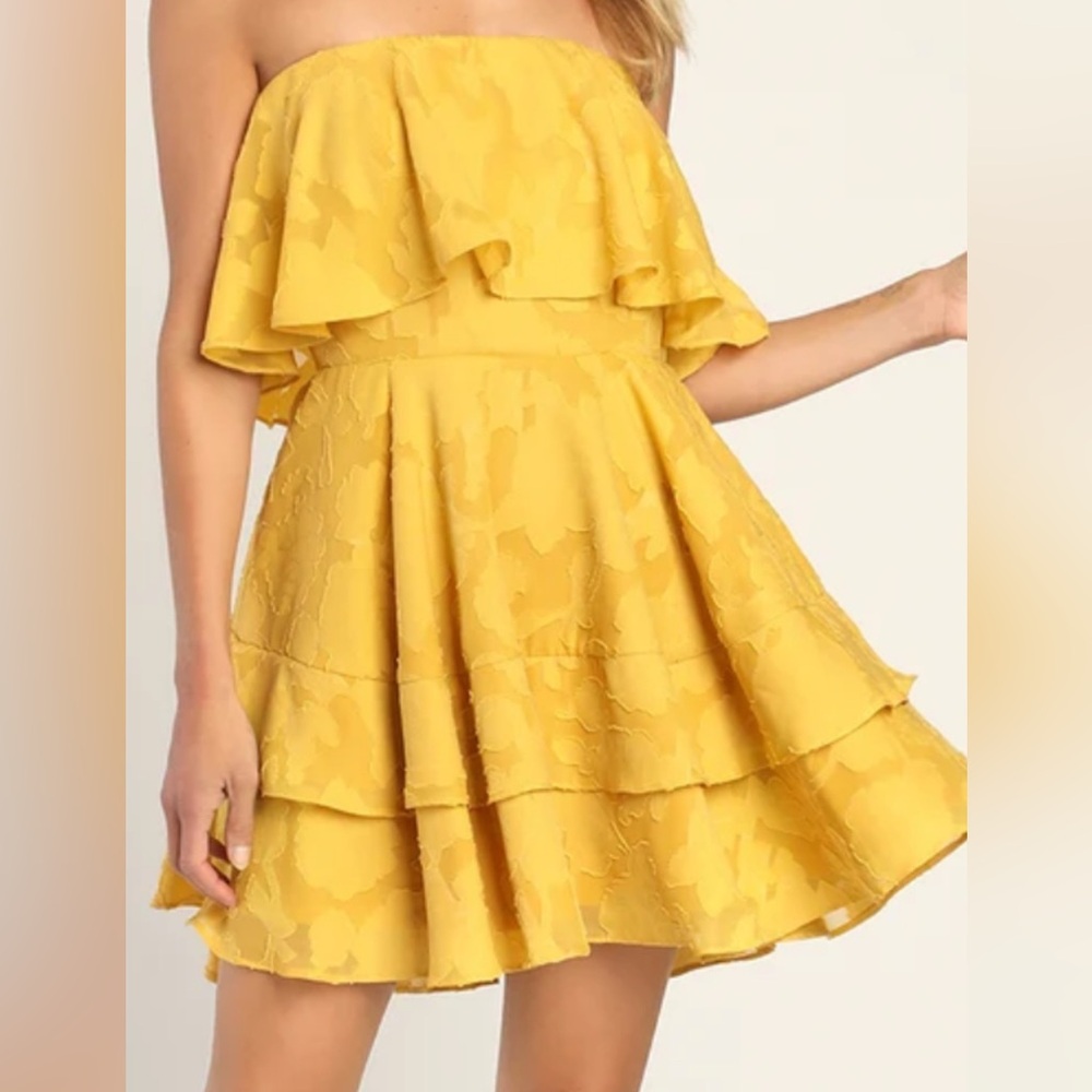 Lulu's Strapless Ruffle Tiered Mini Dress in Yellow